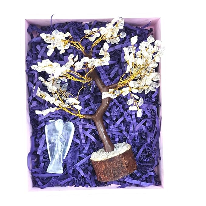 Soulwise Merry Christmas Decorations & Gifts| Clear Quartz Healing Crystal Tree, 8", with Quartz Angel 3", Decor for Protection, Harmony in Relations, Inner Peace & Abundance, Housewarming Gift.