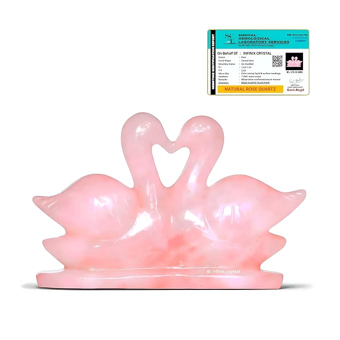 Certified Natural Rose Quartz Swan Pair (100-200g) | Crystal Mandarin Duck Love Birds | Symbol of Love, Harmony & Relationship | Vastu & Feng Shui Showpiece for Home & Office Decor