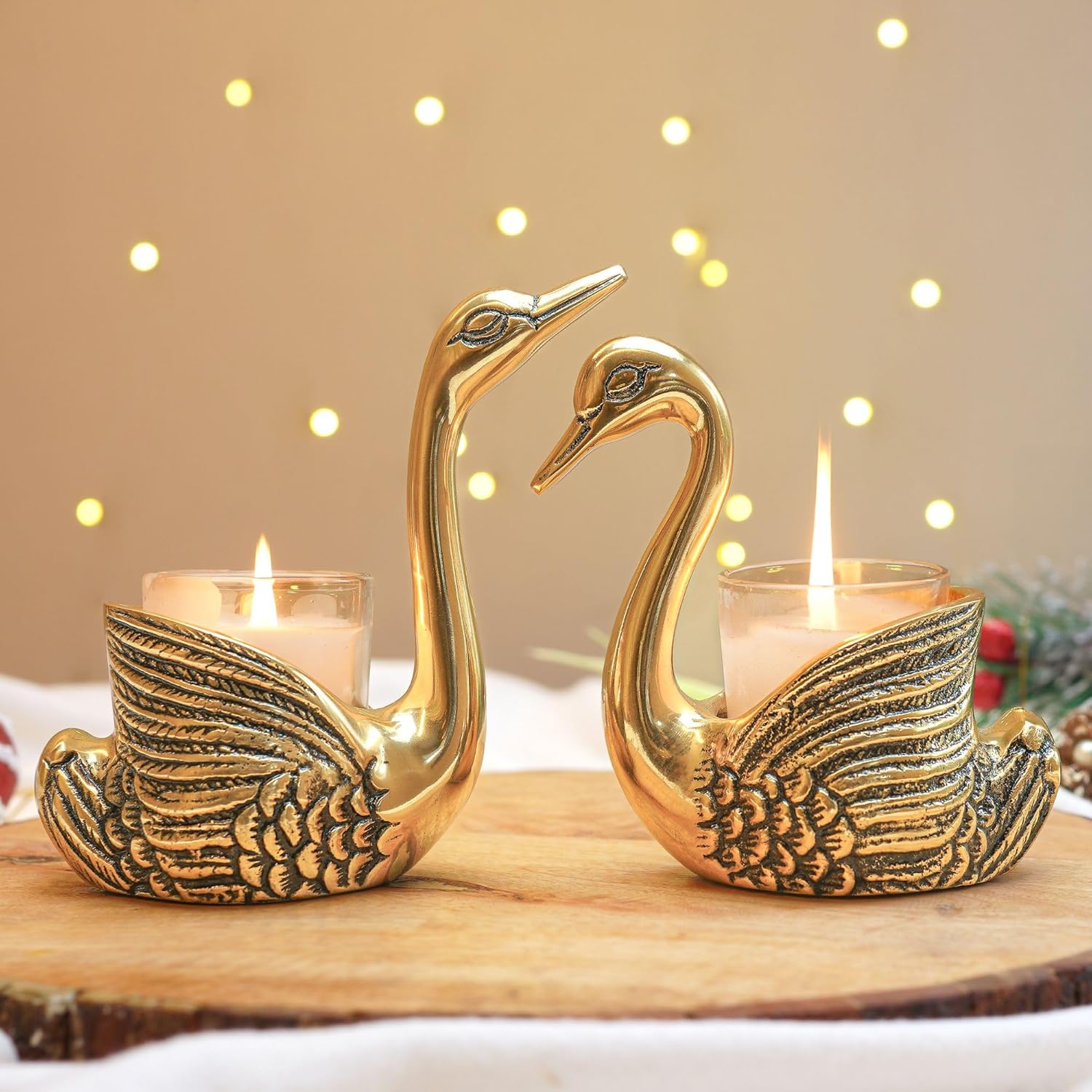 BEHOMA Aluminium Pair of Swans for Good Luck | Feng Shui Love Gifts Candle Holder for Home Decor Living Room | Showpiece Wedding Gift for Valentine's Day for Couple (Candles not Included) Gold